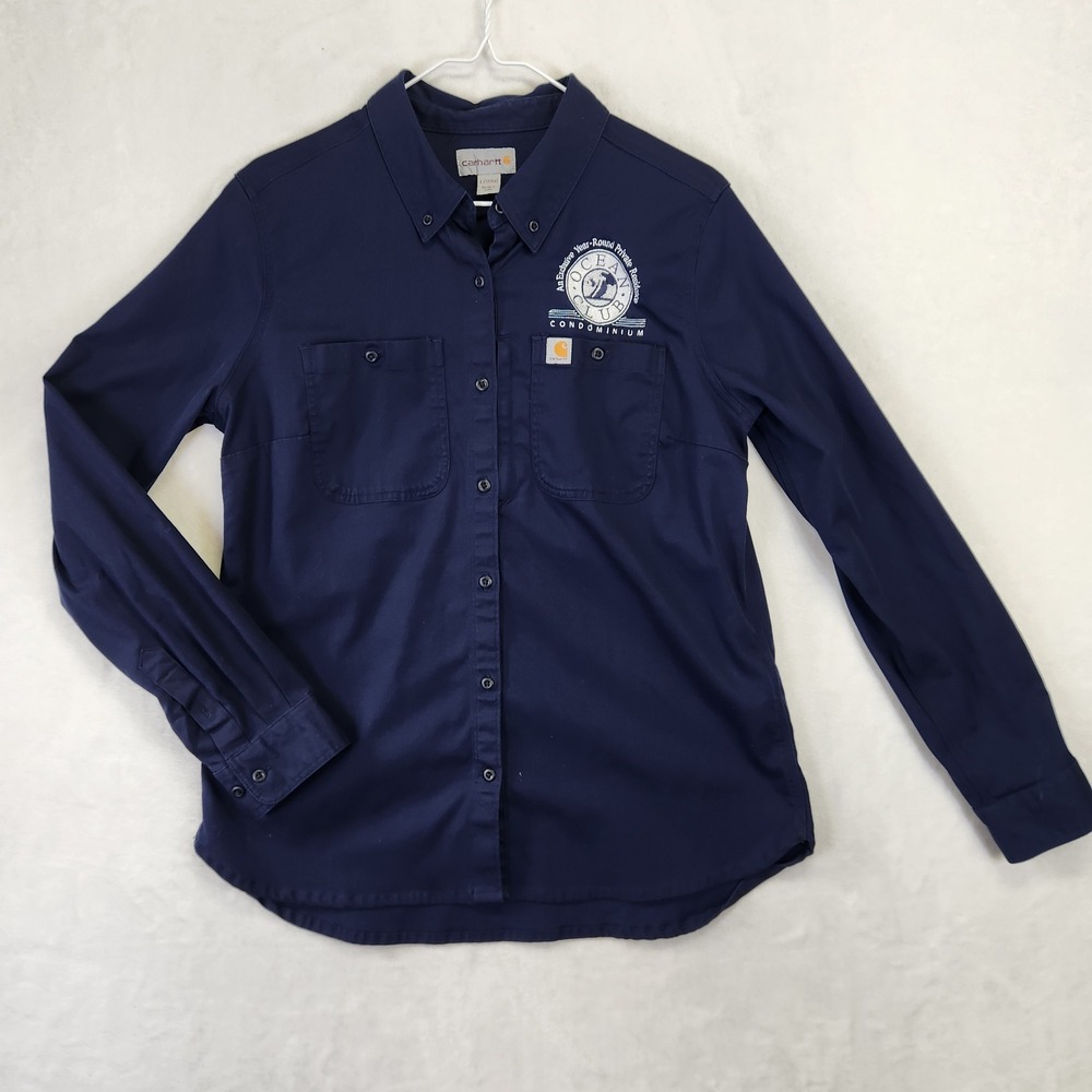 Carhartt Womens LS Button Up Shirt Ocean Club Condominium Navy Blue Size L 12 14